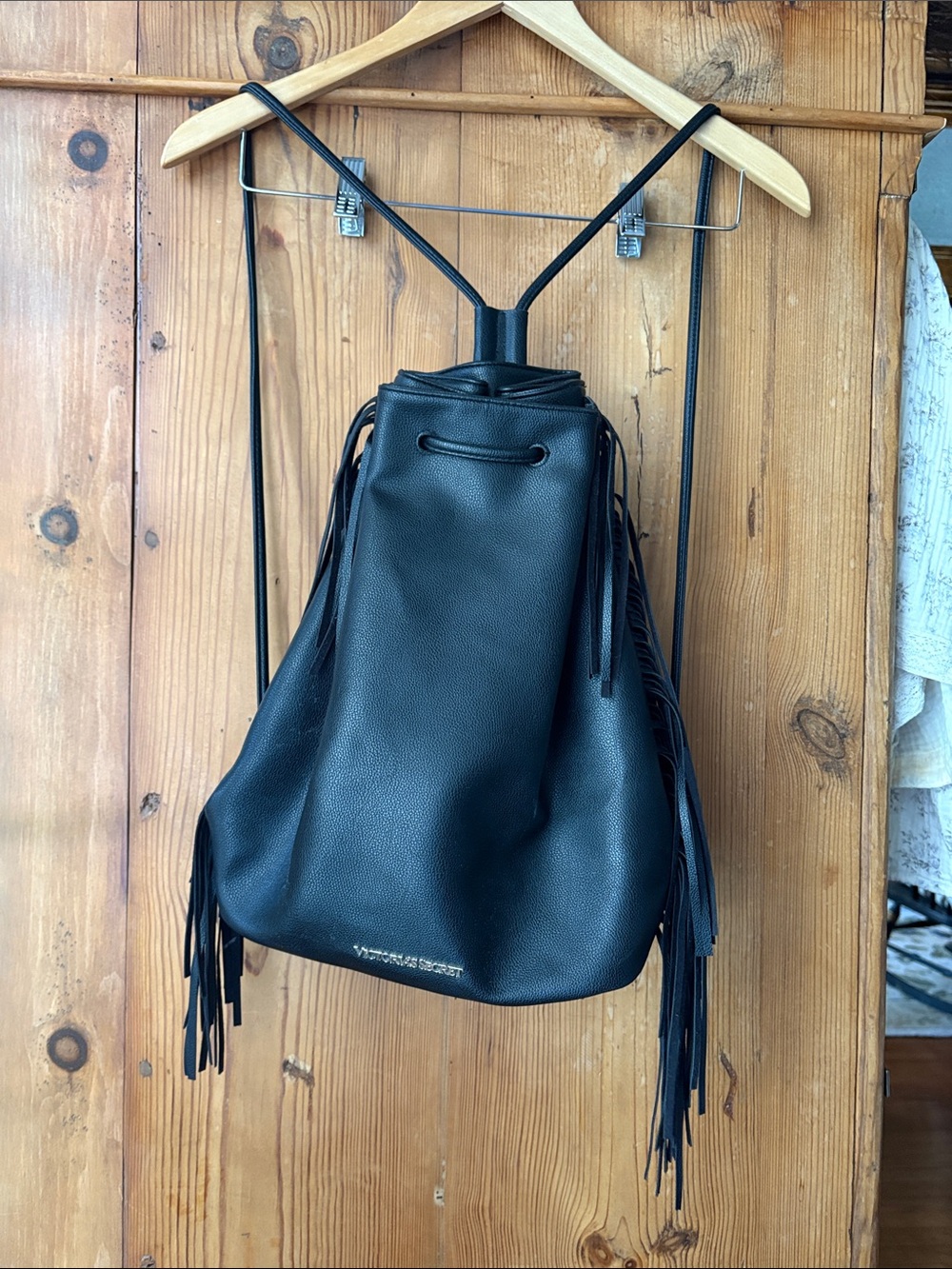 Victoria's Secret Black Leather Fringe Drawstring Backpack - Picture 1 of 3
